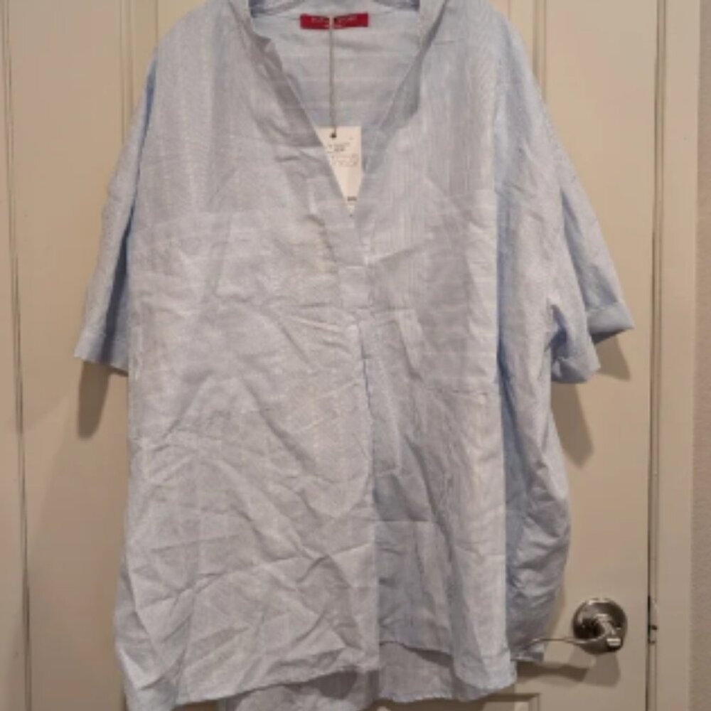 NWT Marina Rinaldi Sport White & Blue Pinstriped Patterned Button-Up Blouse